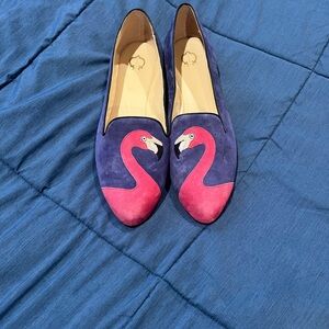 Size 11 C. Wonder Caroline flamingo-embroidered suede smoking flats